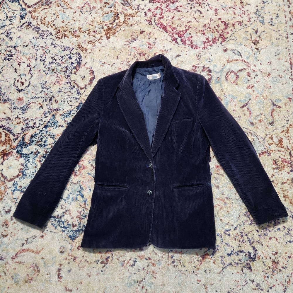Vintage Navy Blue 100% Cotton Corduroy Blazer Lined Made in Japan Est. M/L